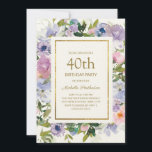 Elegant Blue Lila Floral Gold 40. Geburtstag Einladung<br><div class="desc">Elegante dustig blaue und lila Aquarellblütenfrauen 40. Geburtstagsfeier Party Einladung mit grünen Blätter und einem goldenen Rahmen. Text ist vollständig anpassbar,  sodass diese Karte für jedes Alter geändert werden kann.</div>