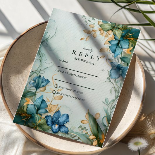 Elegant Blue Lily Botanical Wedding RSVP Karte
