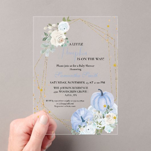 Elegant Blue Little Pumpkin Boy Baby Shower Acryleinladungen (Insitu (Handheld))