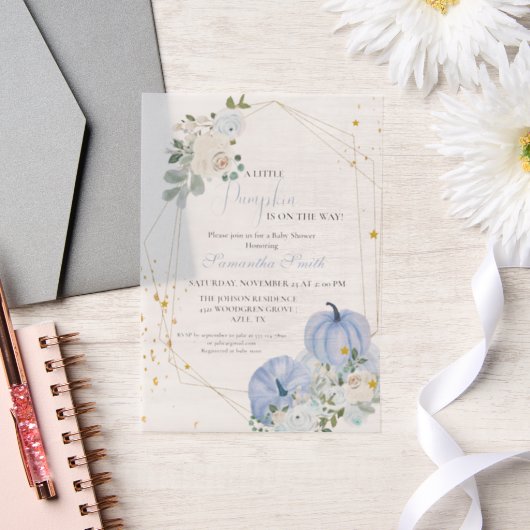 Elegant Blue Little Pumpkin Boy Baby Shower Pergament Einladungen (Hochzeit)