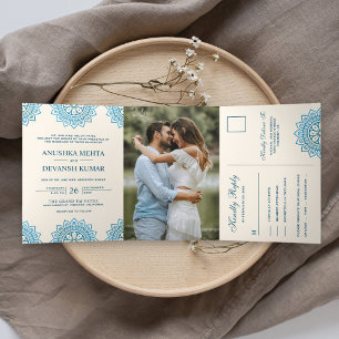 Elegant Blue Mandala Traditionelle indische Hochze Dreifach Gefaltete Einladung