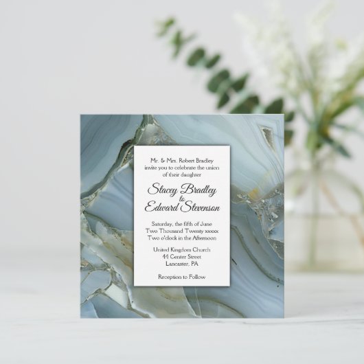 Elegant Blue Marble Agate Hochzeit Einladung (Stehend Vorderseite)