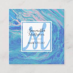 Elegant Blue Marble Agate Monogram Hair Stylist Quadratische Visitenkarte
