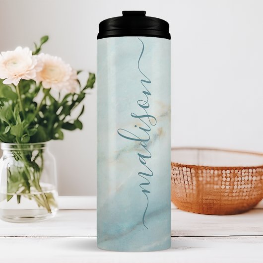 Elegant Blue Marble Chic Signature Script Name Thermosbecher