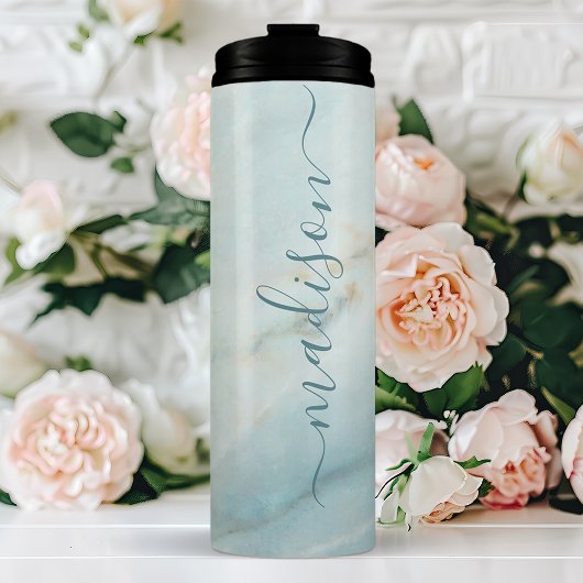 Elegant Blue Marble Chic Signature Script Name Thermosbecher