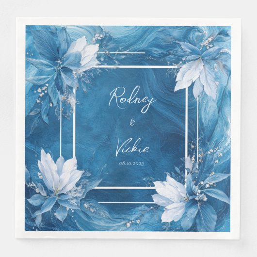 Elegant Blue Marble Floral Wedding Napkins Serviette (Vorderseite)
