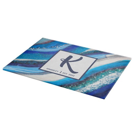 Elegant Blue Marble Geode Agate Abstrakt Family Schneidebrett (Ecke)