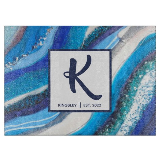 Elegant Blue Marble Geode Agate Abstrakt Family Schneidebrett (Vorderseite)