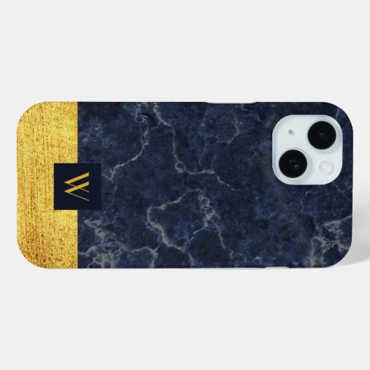 Elegant Blue Marble Gold Monogram Case-Mate iPhone Hülle (Rückseite (Horizontal))