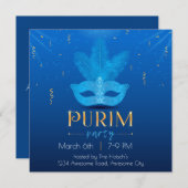 Elegant Blue Mask Purim Einladung (Vorne/Hinten)