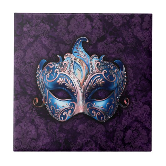 Elegant Blue Masquerade Mask Fliese (Vorderseite)