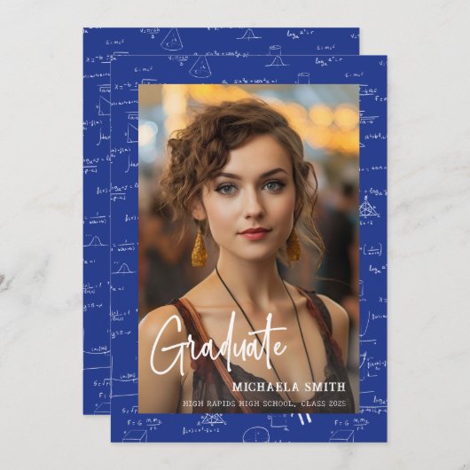 Elegant Blue Math Script Foto Abschluss Ankündigung (Vorne/Hinten)