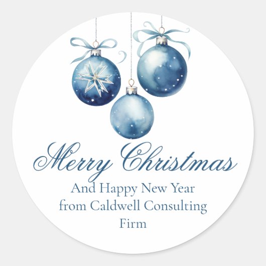Elegant Blue Merry Christmas Ornaments Company Runder Aufkleber (Vorderseite)