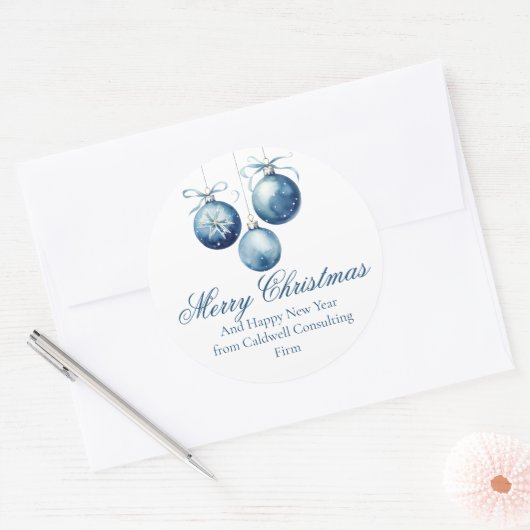 Elegant Blue Merry Christmas Ornaments Company Runder Aufkleber (Umschlag)