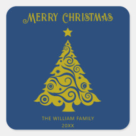 Elegant Blue Merry Christmas Tree Weihnachtsgesche Quadratischer Aufkleber