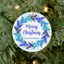Elegant Blue Merry Christmas Wreath Keramik Ornament