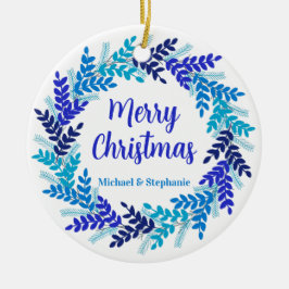 Elegant Blue Merry Christmas Wreath Keramik Ornament