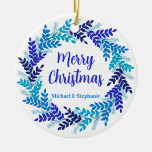 Elegant Blue Merry Christmas Wreath Keramik Ornament