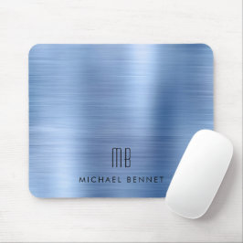 Elegant Blue Metallic Monogram Name Mousepad