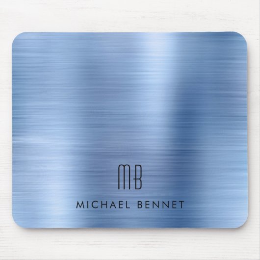 Elegant Blue Metallic Monogram Name Mousepad (Vorne)