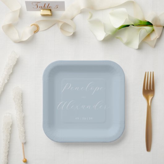 Elegant Blue Minimalist Calligraphy Pappteller (Hochzeit)