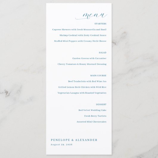 Elegant Blue Minimalist Menu Menükarte (Vorderseite)