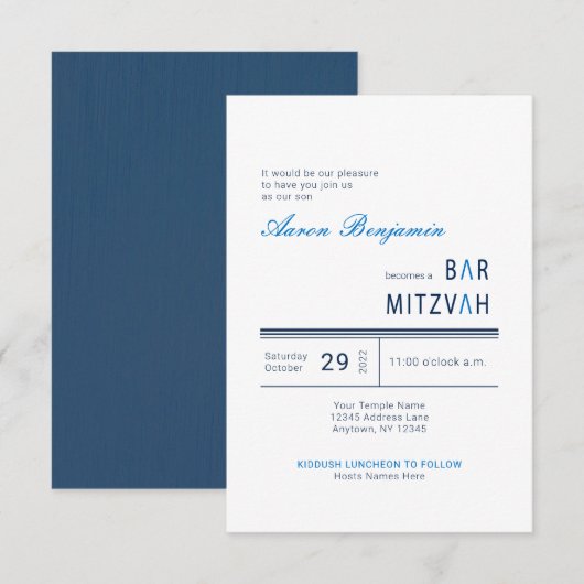 Elegant Blue Modern Bar Mitzvah Einladung (Vorne/Hinten)