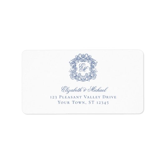 Elegant Blue Monogram Crest Wedding Address Adressaufkleber (Vorne)