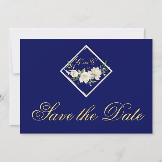 Elegant Blue Monogram Gold Save the Date (Vorderseite)