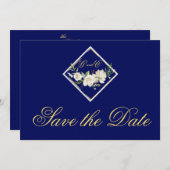 Elegant Blue Monogram Gold Save the Date (Vorne/Hinten)
