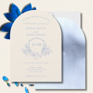 Elegant Blue Monogram Initial Wappen Floral Weddin Einladung