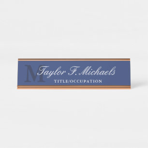 Elegant Blue Monogram & Name Desk Name Schreibtischnamensplakette
