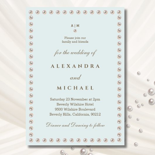 Elegant Blue Monogram Pearl Wedding Einladung
