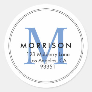 Elegant Blue Monogram Rücksendeadresse Runder Aufkleber
