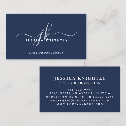 Elegant Blue Monogram Script Initials Visitenkarte (Vorne/Hinten)