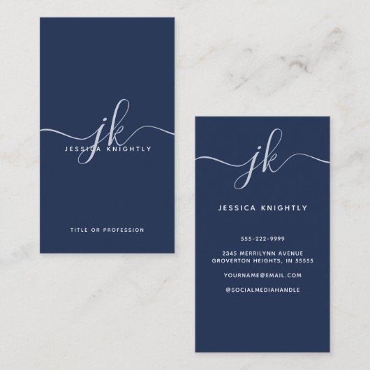 Elegant Blue Monogram Script Initials Visitenkarte (Vorne/Hinten)
