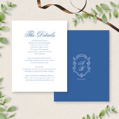 Elegant Blue Monogram Wappen Formal Script Wedding Begleitkarte