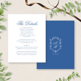 Elegant Blue Monogram Wappen Formal Script Wedding Begleitkarte