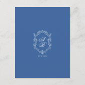 Elegant Blue Monogram Wappen Formal Script Wedding Begleitkarte (Rückseite)