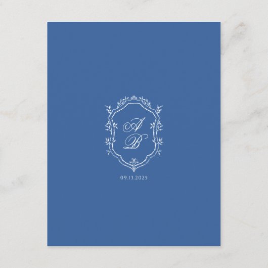 Elegant Blue Monogram Wappen Formal Script Wedding Begleitkarte (Rückseite)