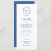 Elegant Blue Monogram Wappen Formal Script Wedding Menükarte (Vorne/Hinten)