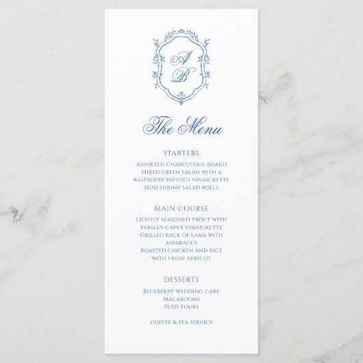 Elegant Blue Monogram Wappen Formal Script Wedding Menükarte (Vorderseite)