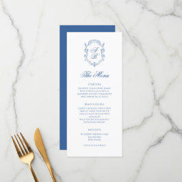 Elegant Blue Monogram Wappen Formal Script Wedding Menükarte