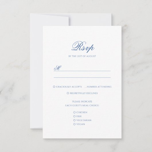 Elegant Blue Monogram Wappen Formal Script Wedding RSVP Karte (Vorderseite)