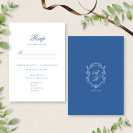 Elegant Blue Monogram Wappen Formal Script Wedding RSVP Karte