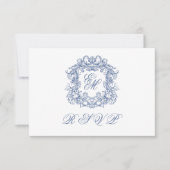 Elegant Blue Monogram Wappen Wedding RSVP Karte (Vorderseite)