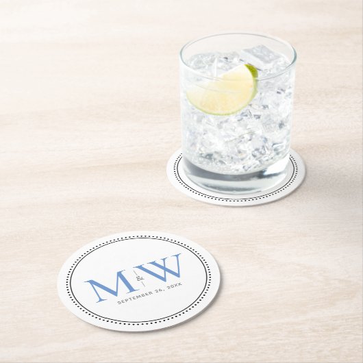 Elegant Blue Monogram Wedding Runder Pappuntersetzer (Vor Ort)