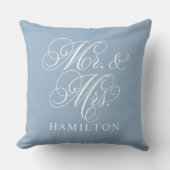 Elegant Blue Mr. und Mrs. Script Custom Monogram Kissen (Vorderseite)