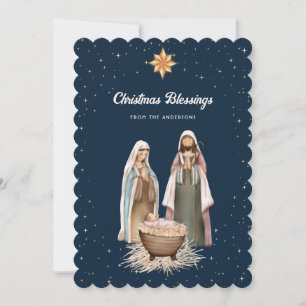 Elegant Blue Nativity Scene Stars Christlich Feiertagskarte