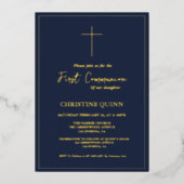 Elegant Blue Navy und Gold First Holy Communion Folieneinladung (Vorderseite)